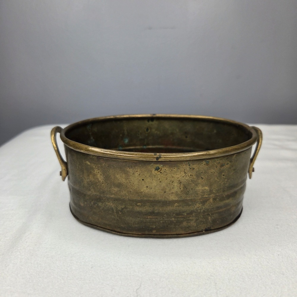 Vintage Brass Oval Planter Bowl with Handles Made in India Rustic Patina 5 Inch